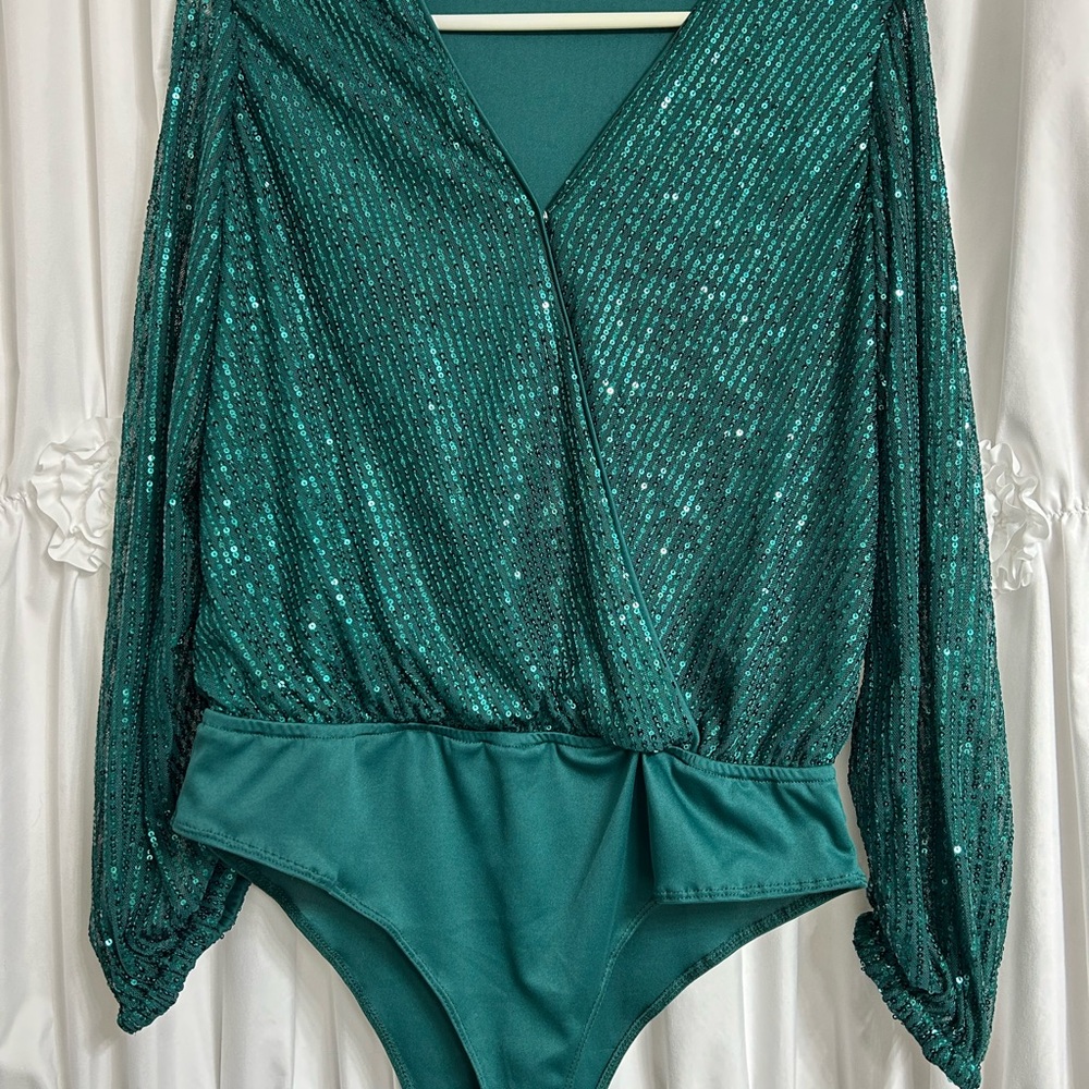 She + Sky Teal Sequin V-Neck Bodysuit